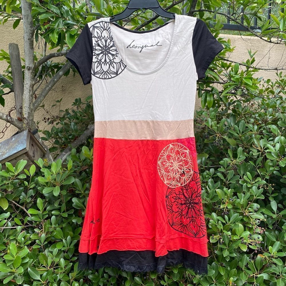 Desigual Red, Black & Tan Cotton Dress w/Jeweled Accents. Size Medium. EUC!
